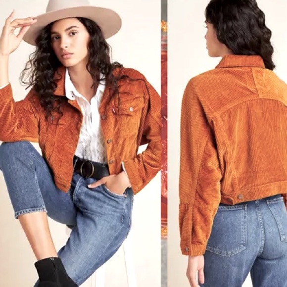 Levi's Cropped Corduroy Trucker Jacket Small Rust Burnt Orange - Picture 2 of 14